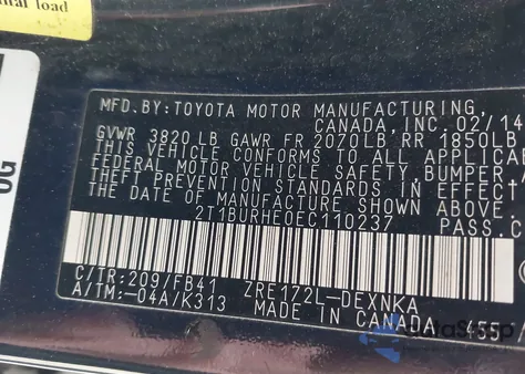 2014 Toyota Corolla Le z USA, uszkodzony, nr VIN 2T1BURHE0EC110237